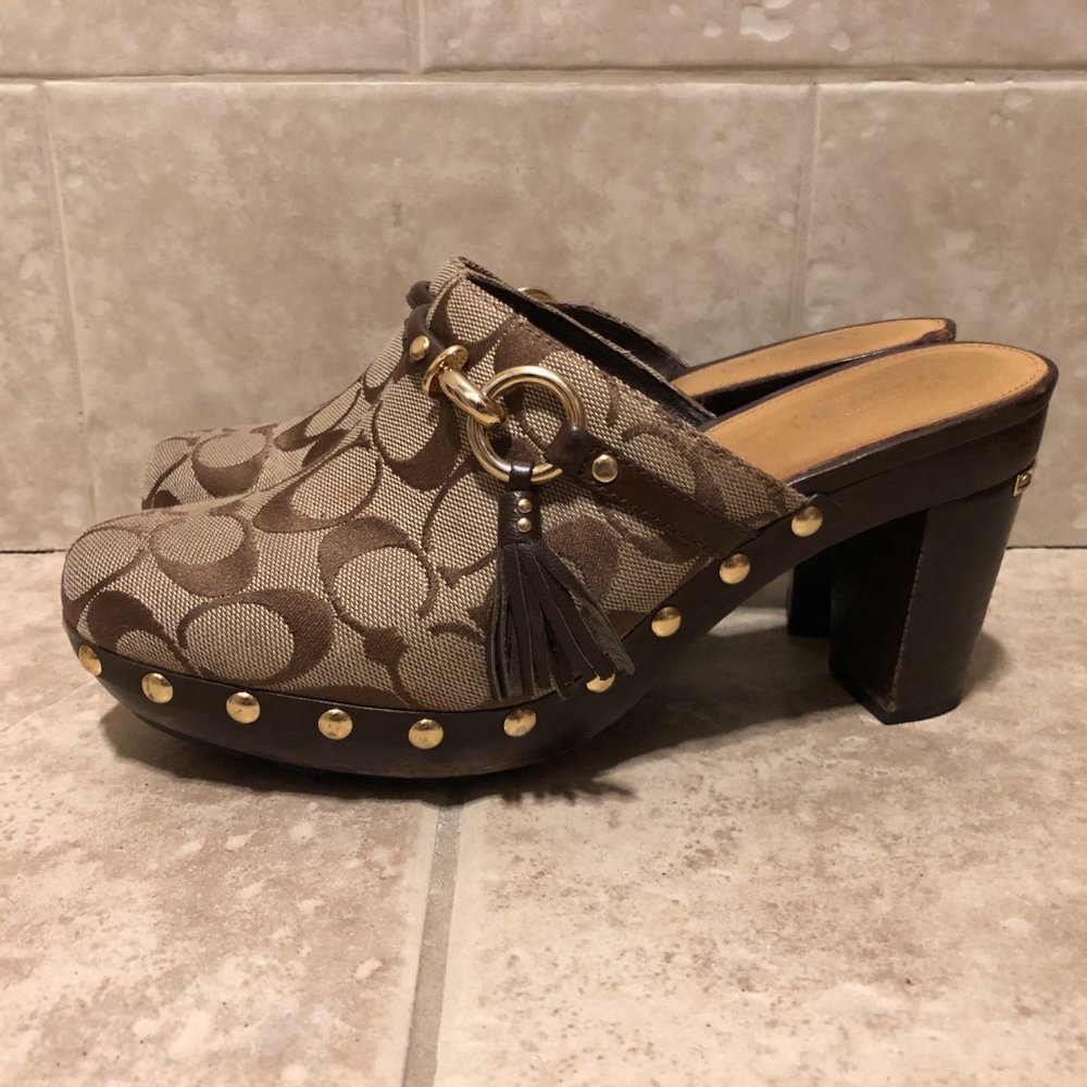 COACH SHASHA MONOGRAMMED PLATFORM HEELED MULES 8.5 - Picture 3 of 15